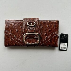 Guess Womens Brown Faux Ostrich Leather Wallet With Buckle Closure
